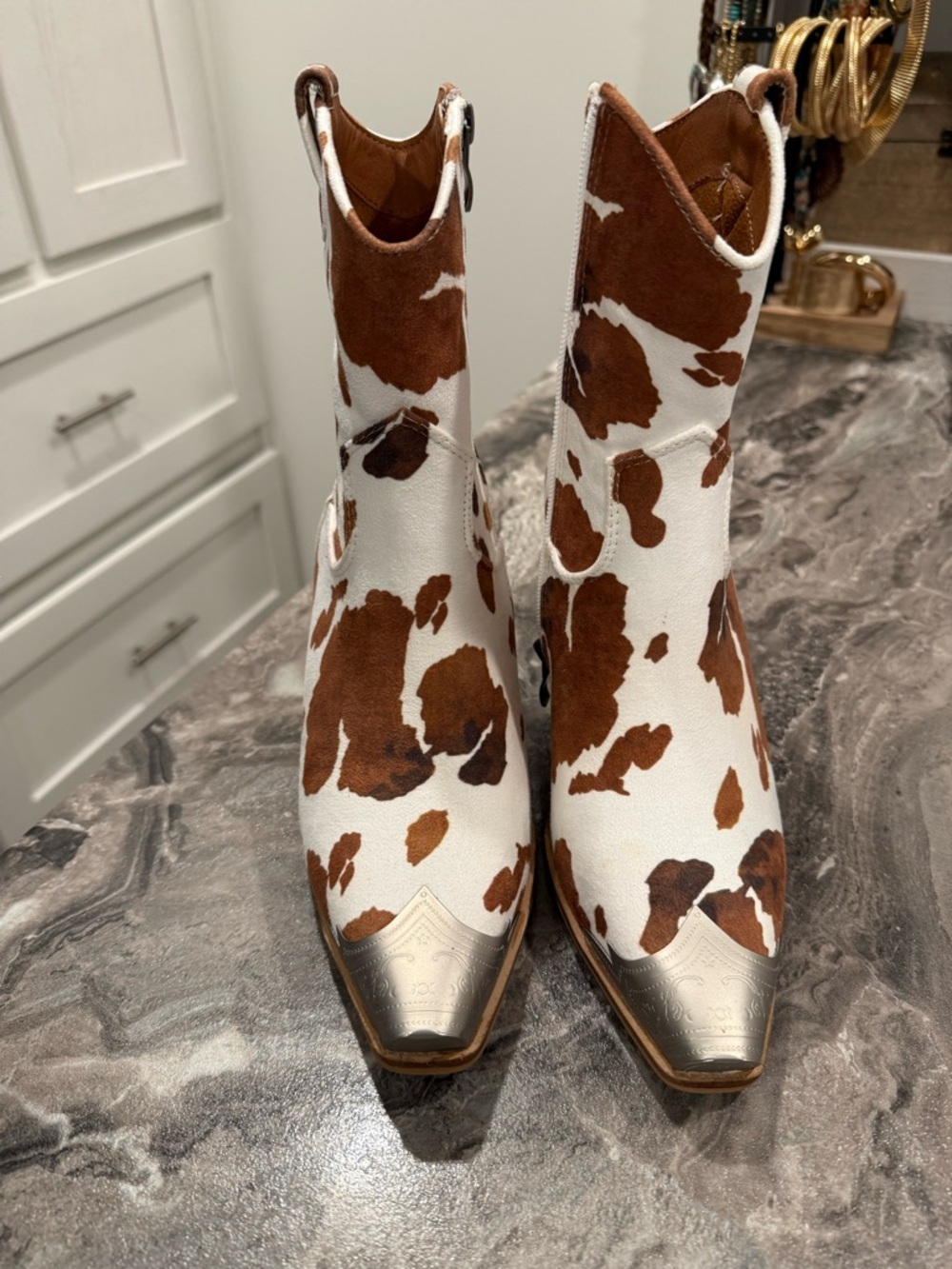BEAST FASHION Brown & White Cow Print Western Ankle Boots - Picture 4 of 9